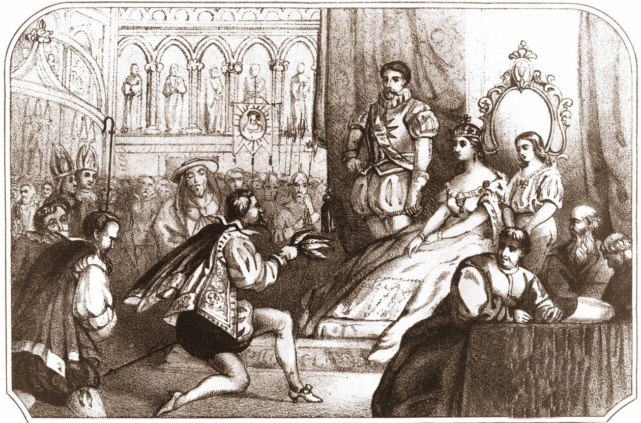 让-尼科向凯瑟琳-德-美第奇（Caterina de Medici）和洛林家族的大长老介绍烟草植物。16世纪 1868年左右的石版画。 作者 未知艺术家