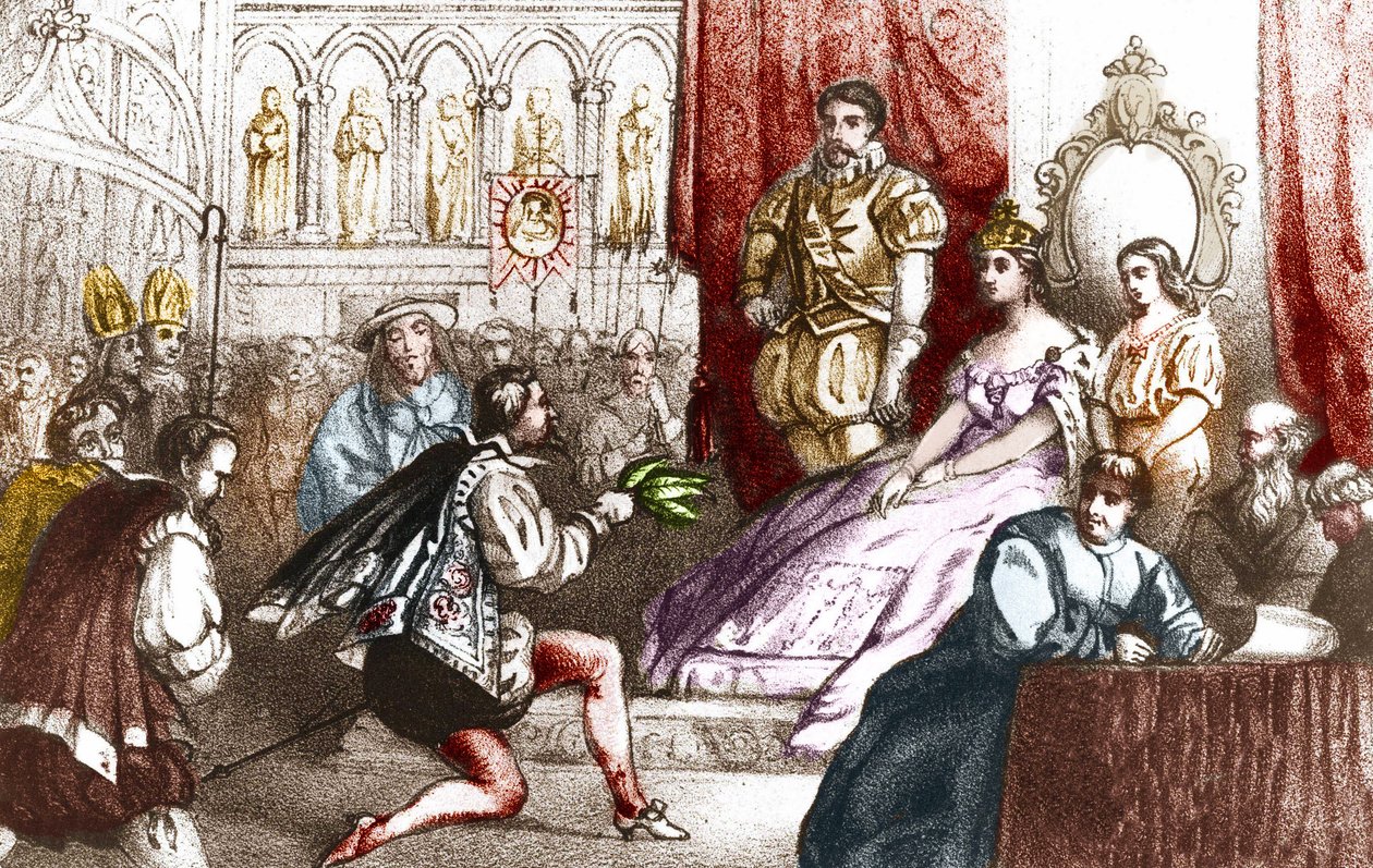 让-尼科向凯瑟琳-德-美第奇（Caterina de medici）和洛林家族的大长老介绍烟草植物。16世纪。19世纪的雕版画 作者 未知艺术家