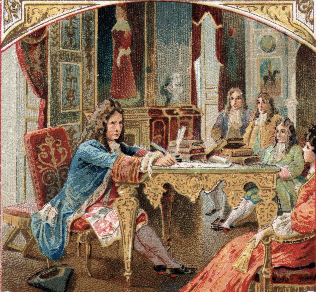 让-拉辛（1639-1699）在Maintenon城堡创作的 "Esther "和 "Athalie "作品。19世纪末的彩色石版画 作者 未知艺术家