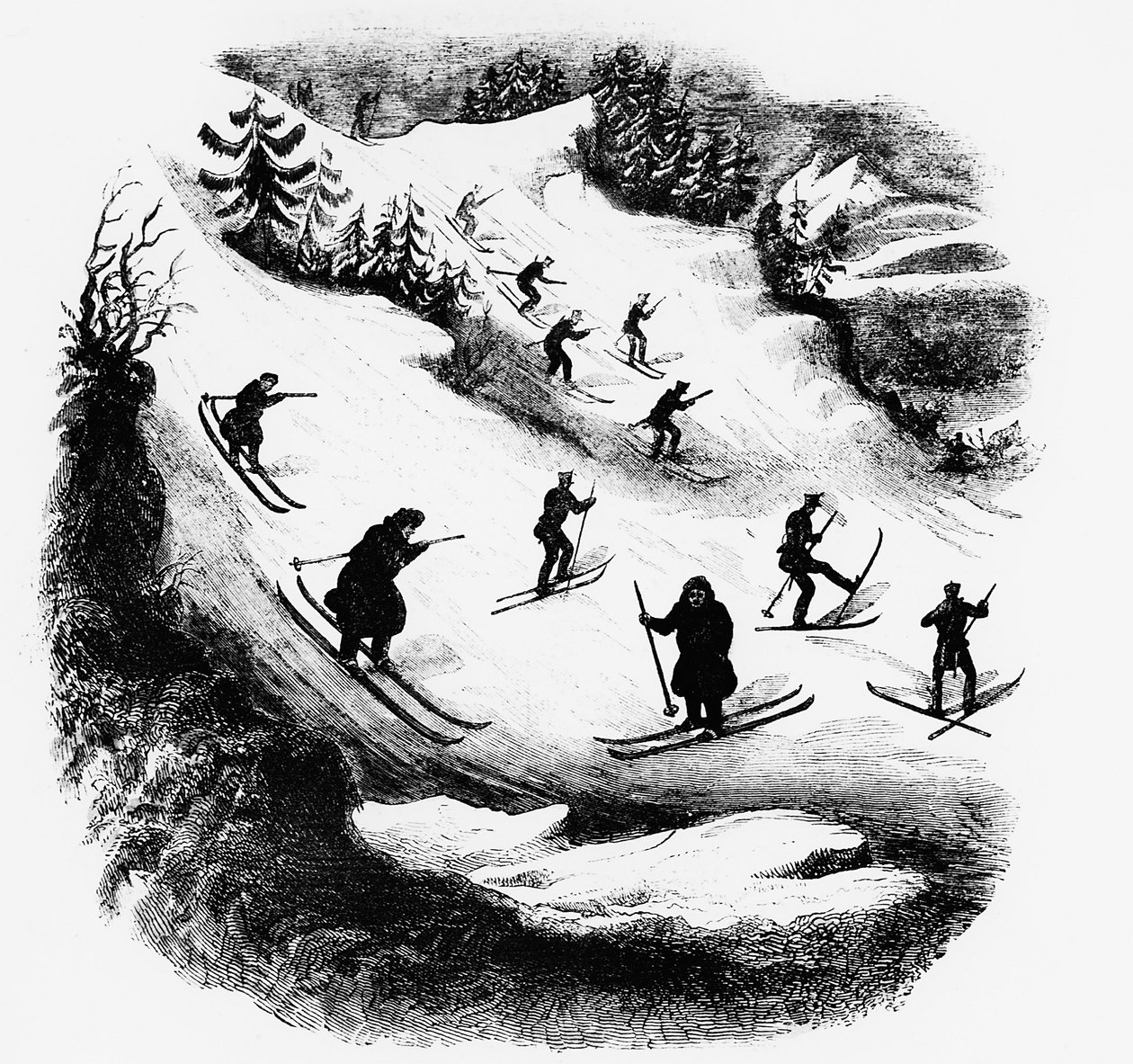 Jeux du Nord: skiers down a track - engraving, late 19th century. 作者 未知艺术家