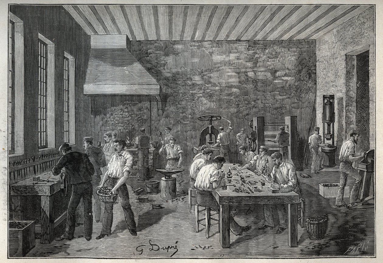 珠宝：钢铁珠宝工厂。1885年阿道夫-比塔尔（Adolphe BITARD）在 "Les arts et metiers illustrstres "中的版画。 作者 未知艺术家