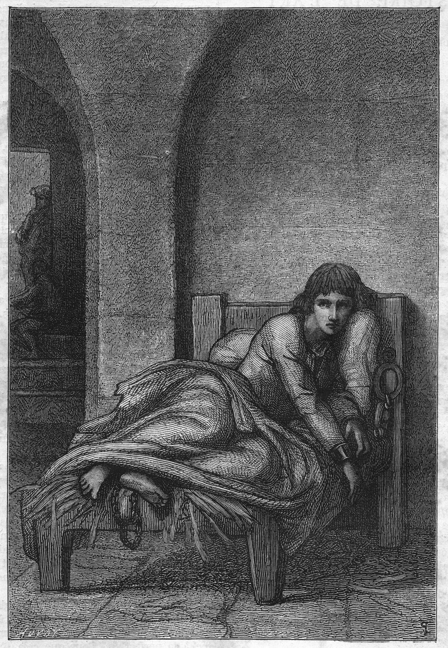 卢昂监狱中的圣女贞德--百年战争：卢昂监狱中的圣女贞德（1412-1431）。1431年，被指控犯有异端邪说的贞德被囚禁在鲁昂菲利普-奥古斯特城堡的地牢中--莱昂-贝努维尔（1860-1903）的绘画作品 作者 未知艺术家
