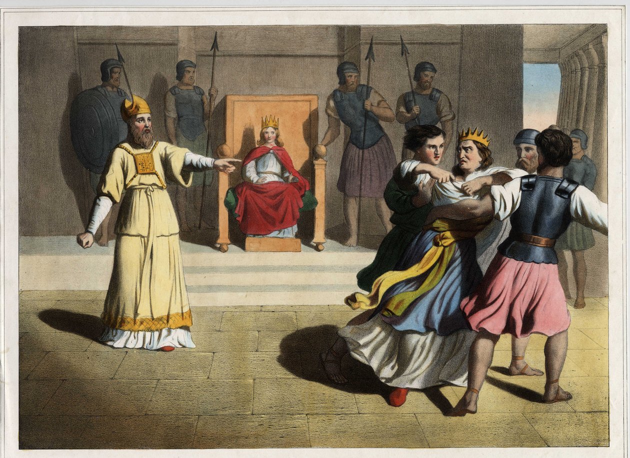 约阿什（Jehoash）被赶出王位，在祭司的帮助下下令杀死王后亚他利雅，从而成为犹大的国王。19世纪中期的匿名雕刻。 作者 未知艺术家