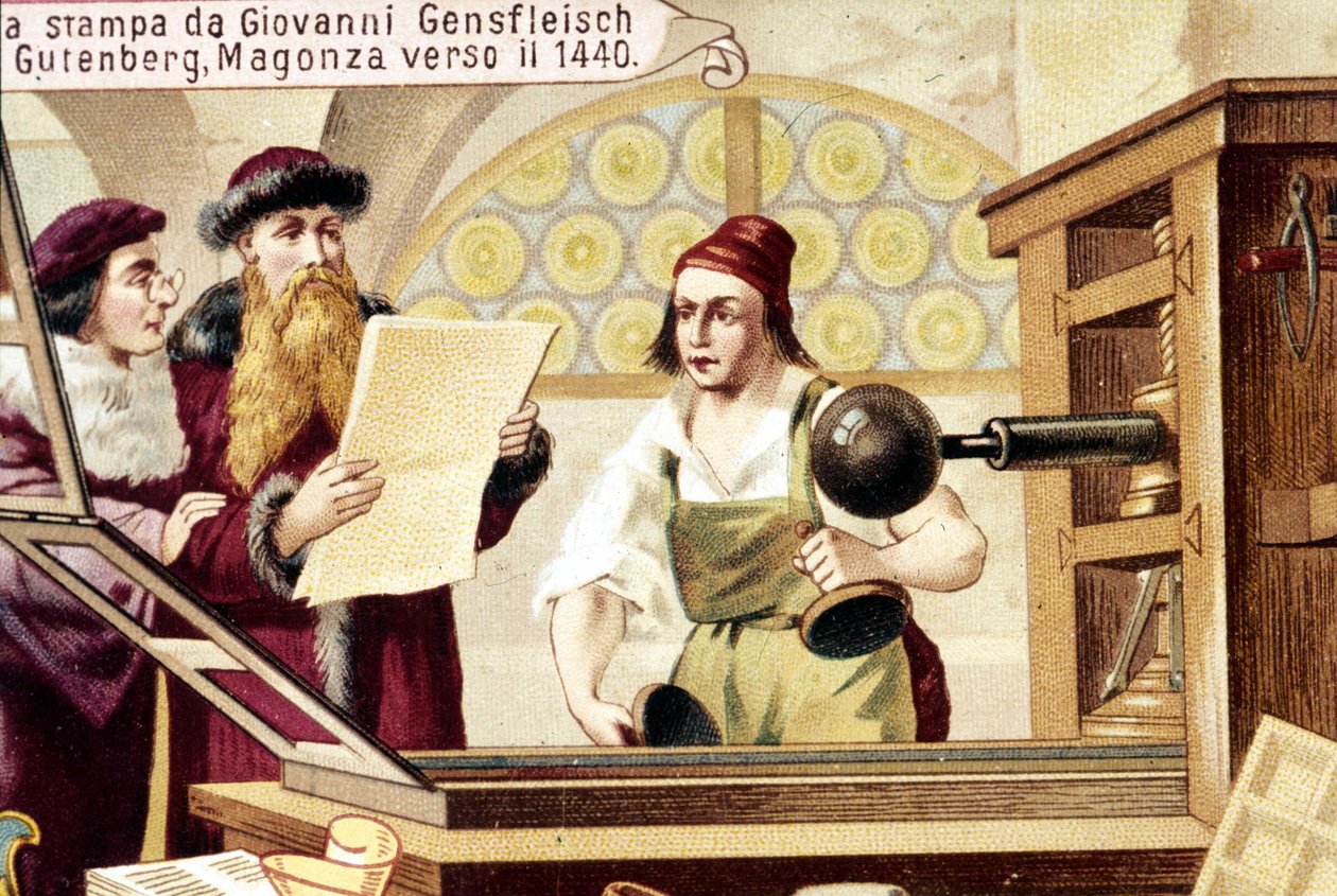 Johannes Gensfleisch Gutenberg (1400-1468). 约1440年。19世纪的彩色石版画。 作者 未知艺术家