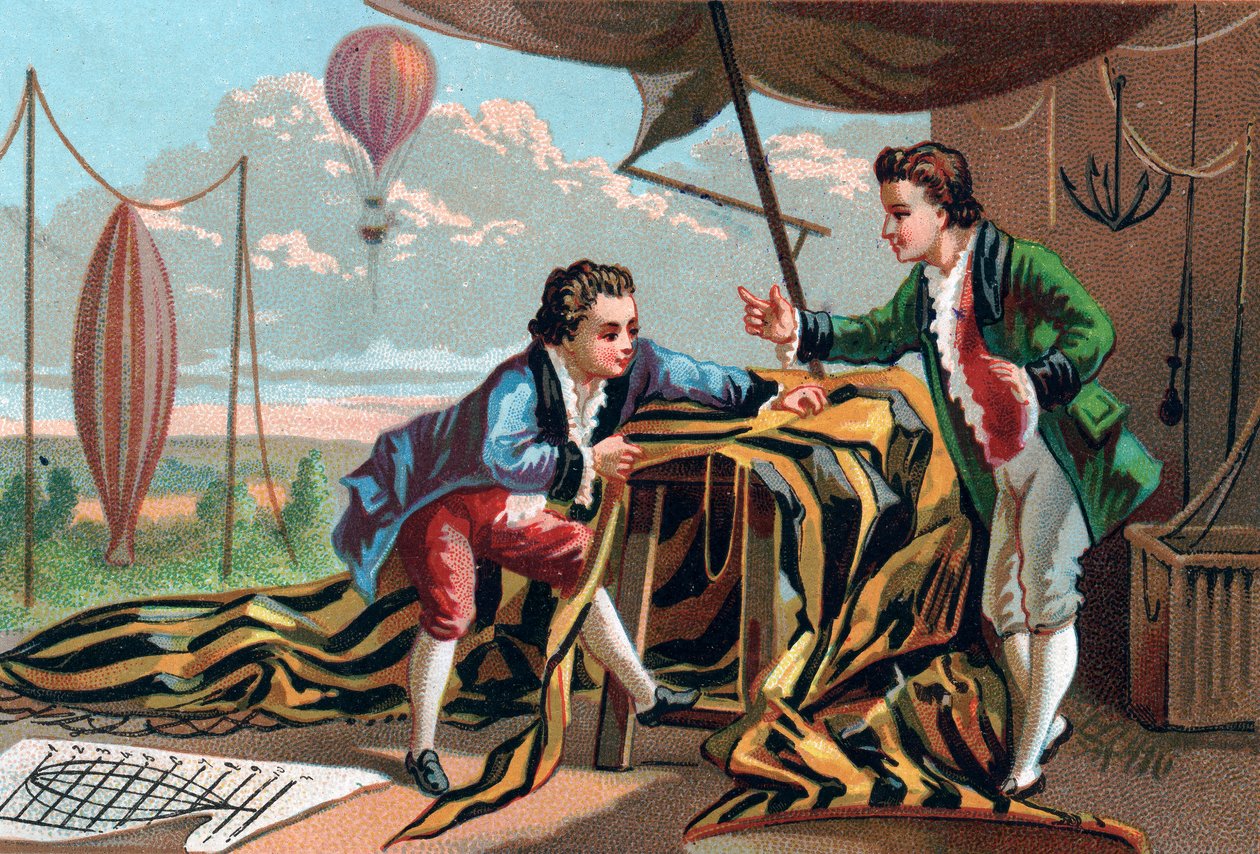 约瑟夫(1740-1810)和艾蒂安(1745-1799)de Montgolfier(兄弟)于1783年发明了航空气球。19世纪晚期的彩色石版画。 作者 未知艺术家