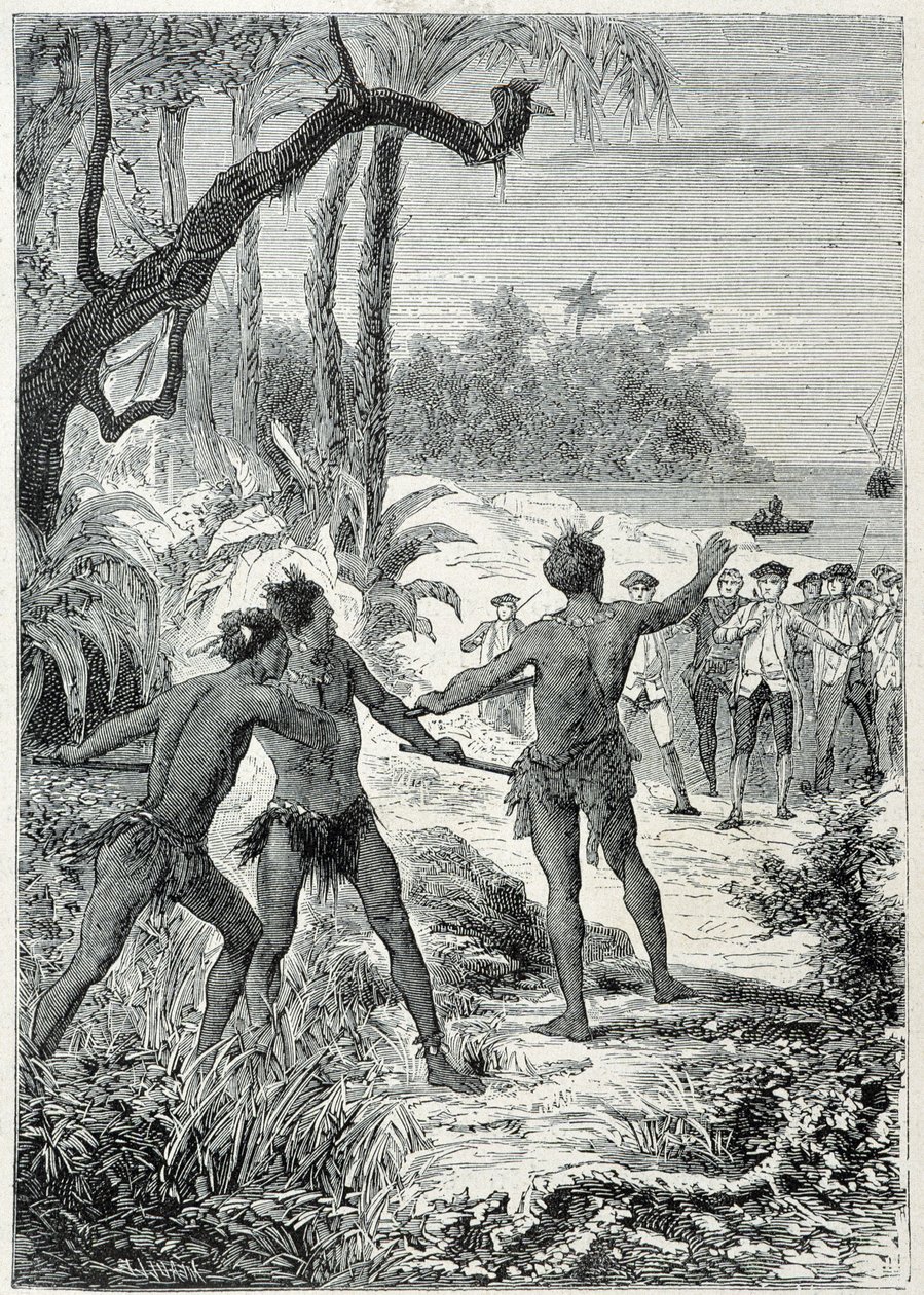 詹姆斯-库克船长（1728-1779）前往新几内亚的旅程：第一次与当地人相遇，插图来自 "18世纪伟大的航海家"。 作者 未知艺术家