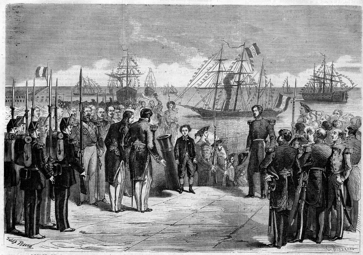 拿破仑三世的儿子拿破仑-尤金-路易斯-让-约瑟夫-波拿巴陛下（1856-1879）前往法国瑟堡的旅程：王子在 "霍坦斯女王 "号游艇上。雕刻在 "辉煌的宇宙 "中 作者 未知艺术家