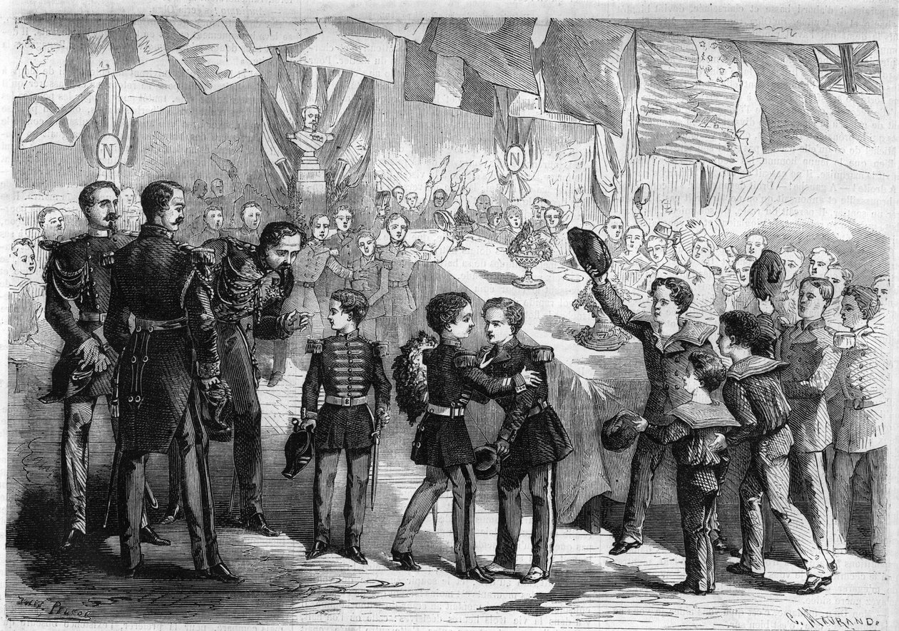 拿破仑三世的儿子拿破仑-尤金-路易斯-让-约瑟夫-波拿巴陛下（1856-1879）前往法国瑟堡的旅程：苔藓和部队的孩子向王子献上花束。载于 "辉煌的宇宙 "中的版画 作者 未知艺术家