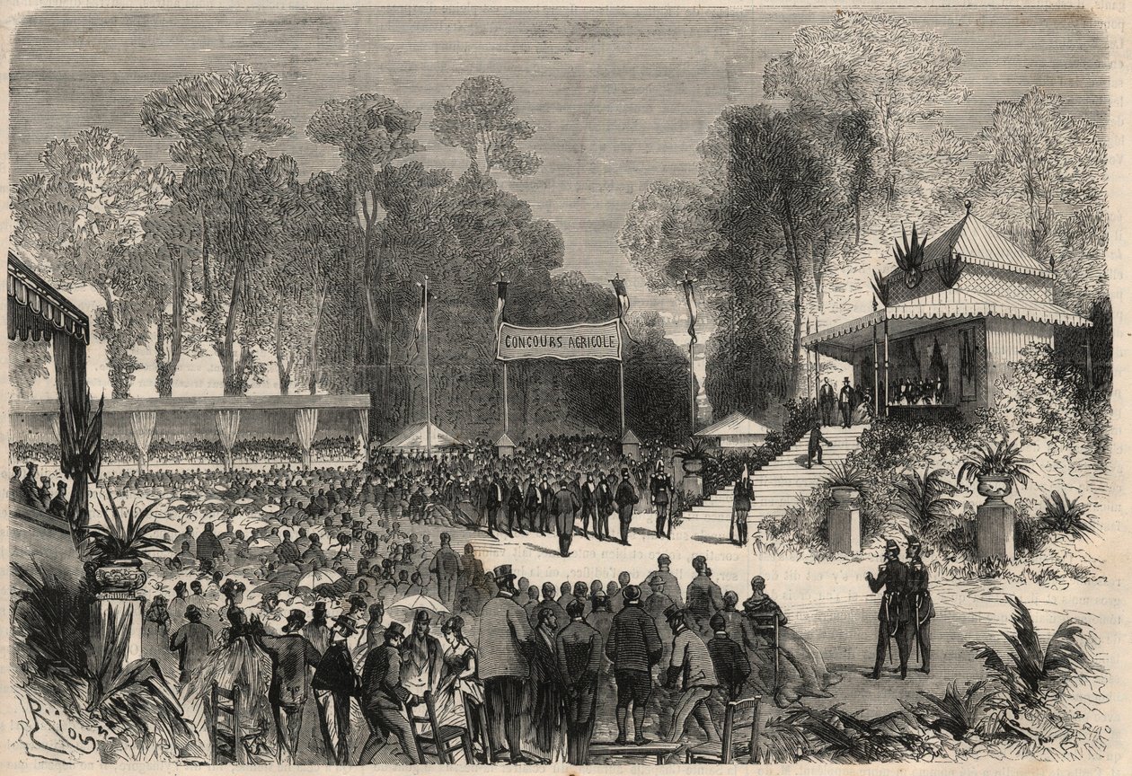 拿破仑三世（1808-1883）和欧仁妮-德-蒙蒂霍（1826-1920）的鲁昂之旅：在农业竞赛中分配奖项。在 "杰出的世界 "中的雕刻。 作者 未知艺术家