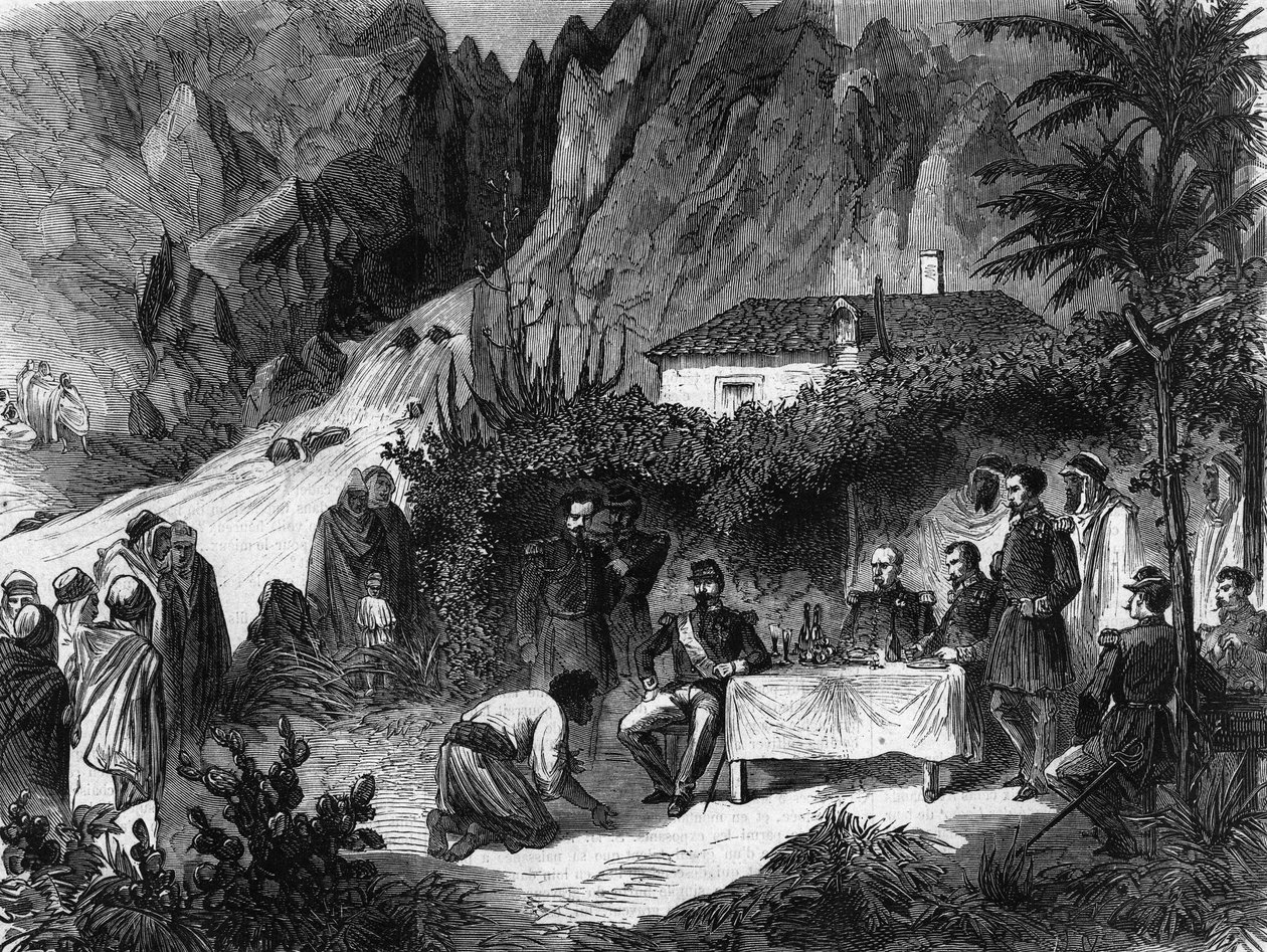 法国皇帝拿破仑三世前往阿尔及利亚的旅程。1860年9月。拿破仑三世在猴子的小溪边吃午餐，收到巴尔卡。1865年的雕版画。 作者 未知艺术家