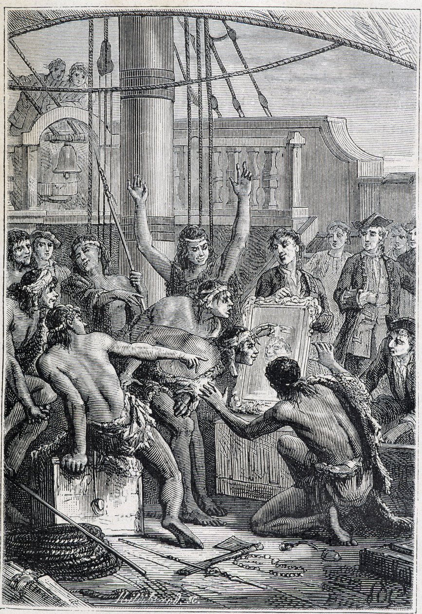 塞缪尔-沃利斯（1728-1795）的波利尼西亚之行：镜子旁的土著埃托尼斯--插图摘自 "18世纪的伟大航海家" 作者 未知艺术家