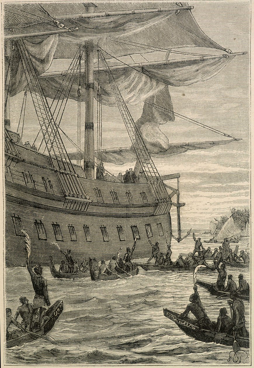 Journey of Samuel Wallis (1728-1795) to Polynesia: indigenous people holding banana branches in hand as a welcome greeting - illustration from “The Great Mariners of the 18th century”” 作者 未知艺术家