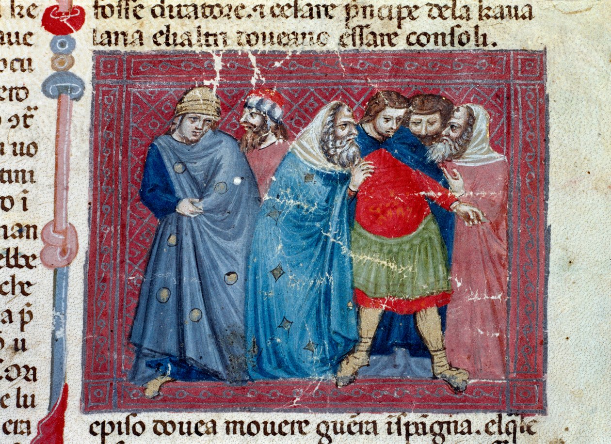 Jules Cesar（公元前 101-44 年）在宝座上 1340 年左右的手稿“罗马人的事实”（Ms 1538，fol 1v）细节，佛罗伦萨，里卡迪亚纳图书馆 作者 未知艺术家