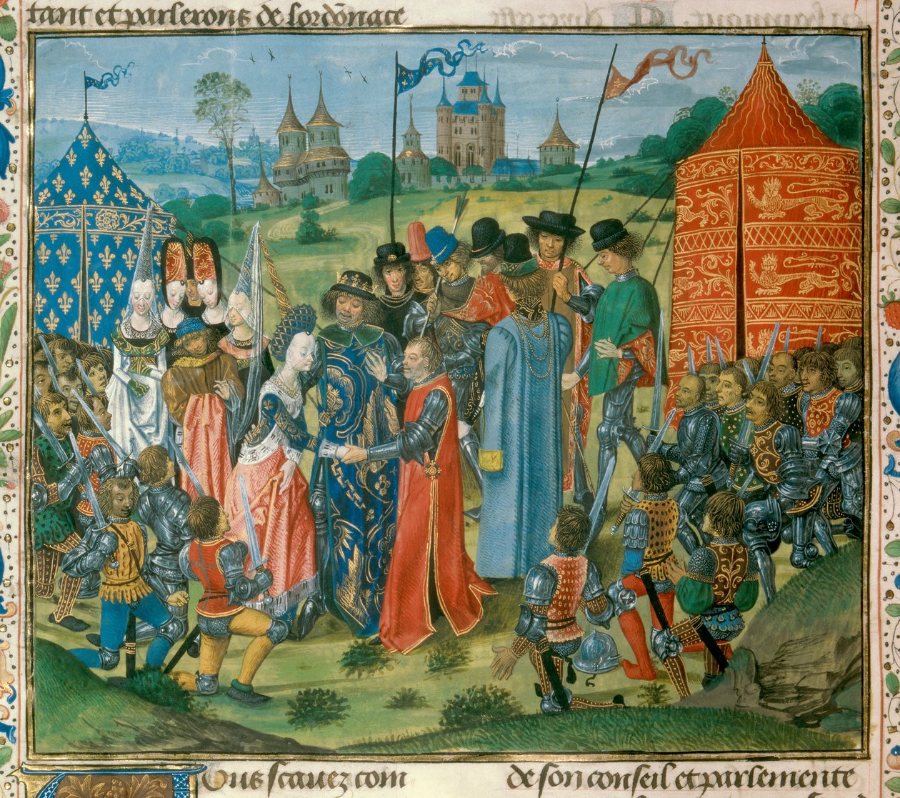 查理六世国王（1368-1422）将他的女儿法国的伊莎贝拉（1389-1409）交给了英国国王理查二世（1367-1400），在法国和英国上议院会议前，让·弗洛瓦萨尔（Jean Froissart）的“编年史”（1337- 1400) 15 世纪的巴黎。 BN 作者 未知艺术家