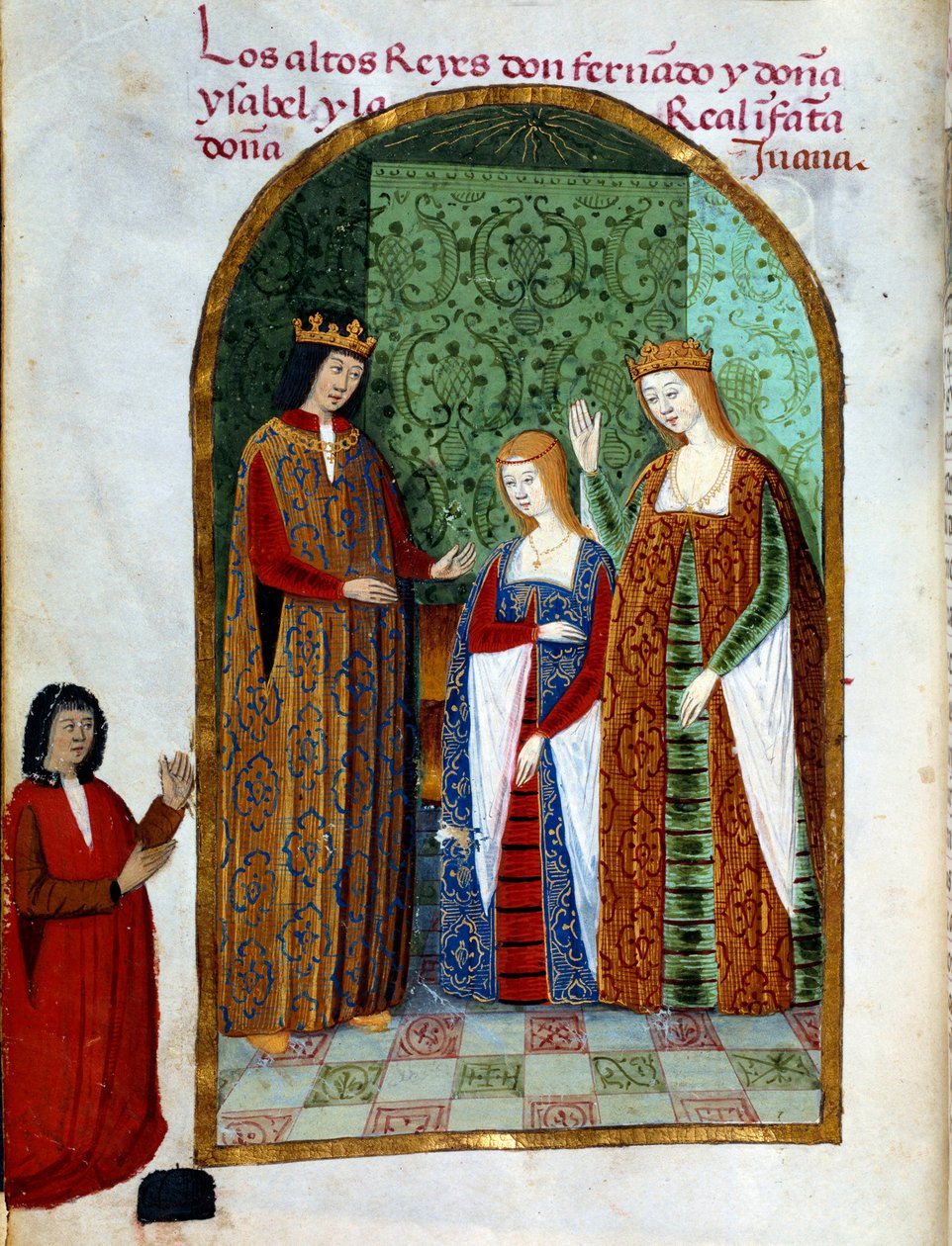 费迪南德二世国王，阿拉贡和西西里国王（1452 - 1516），琼，卡斯蒂利亚女王（1479 - 1555）和伊莎贝拉一世（被称为天主教徒），西班牙女王（1451 - 1504）。 “Devocionario de la Reyna Da Juana a Quien Llamaron la Loca”中的缩影 作者 未知艺术家