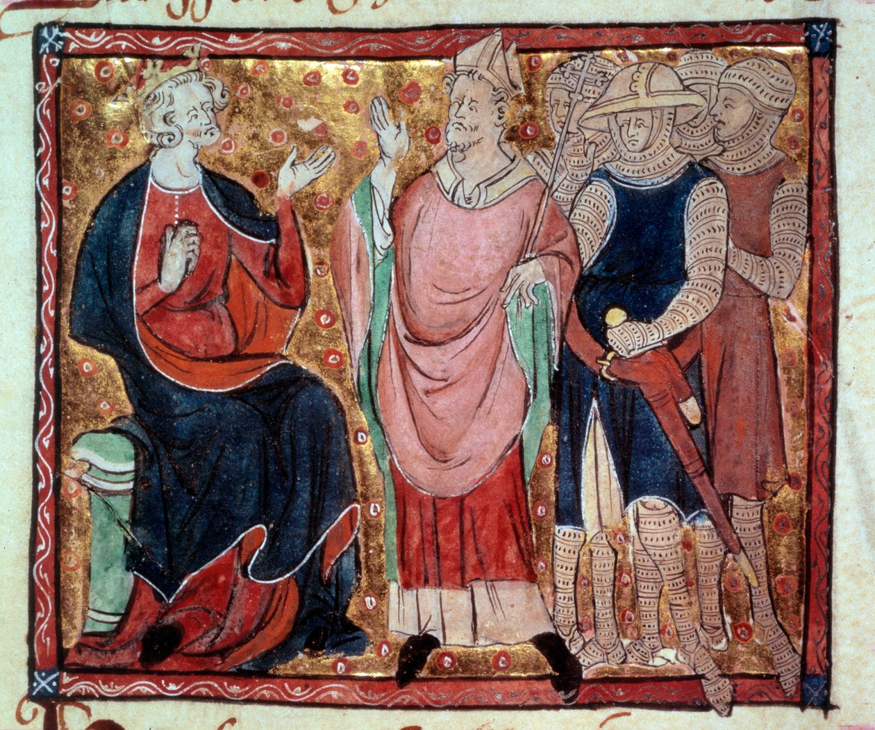 英格兰国王亨利二世（1133-1189 年）收到了一份来自 15 世纪手稿的 eveque 和士兵的缩影。 巴黎，B.N. 作者 未知艺术家