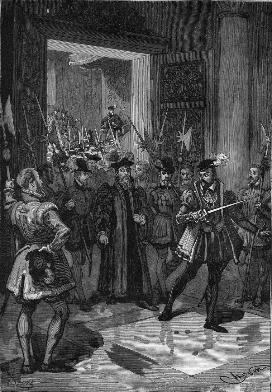 法国国王亨利二世（1519-1559），在中间，命令他的康尼特人夺取顾问。19世纪的雕版画。载于儒勒-米歇尔的《法国史》。 作者 未知艺术家