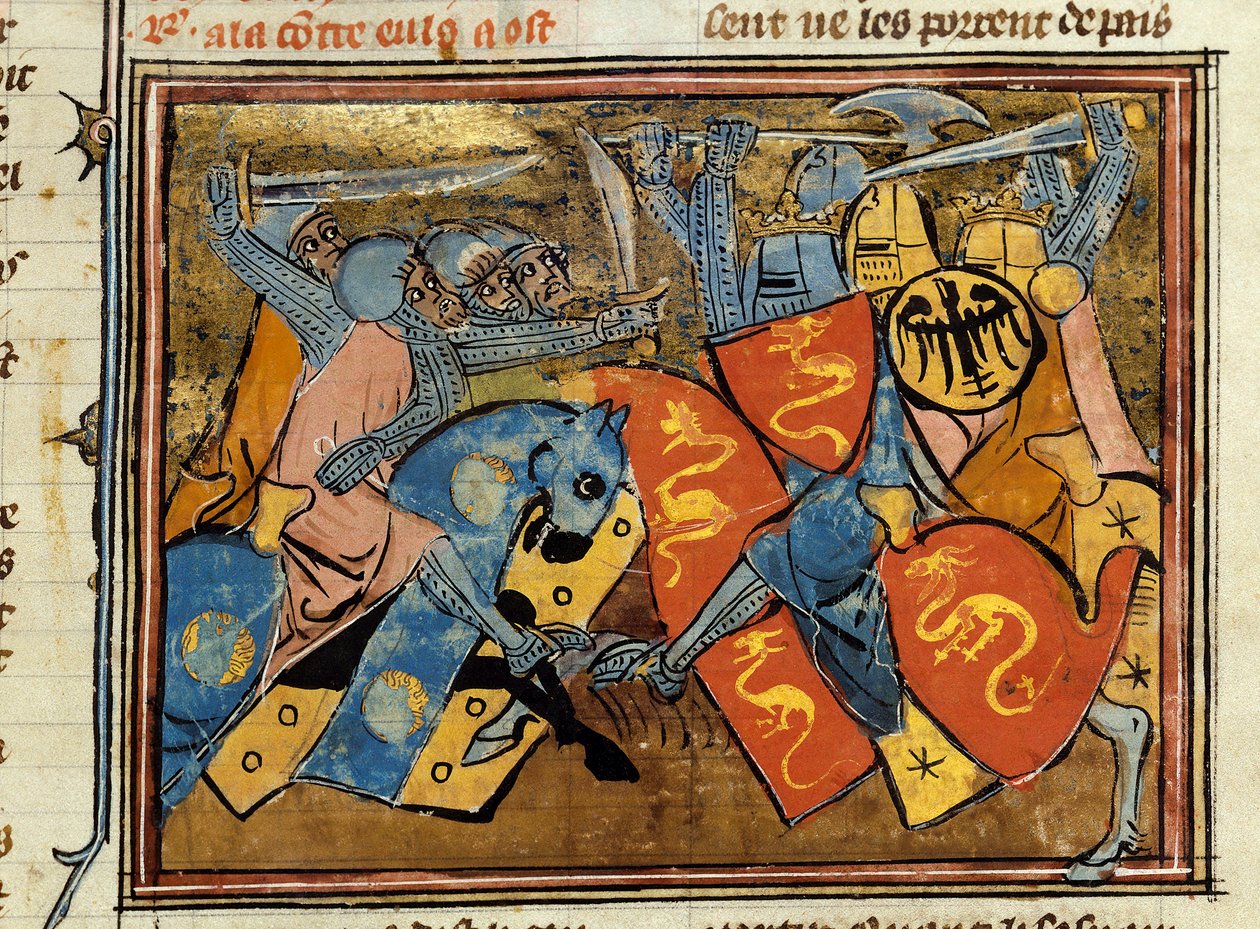 骑士战斗。 Robert de Boron (Borron) 的“Histoire de Merlin”（约 1144-约 1170 年）的缩影 作者 未知艺术家