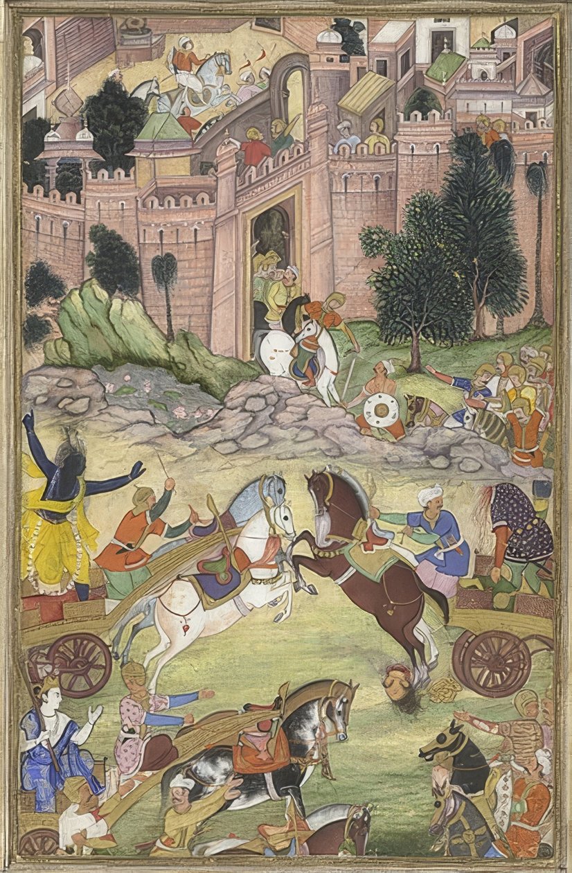 克里希纳（Krishna）杀死了恶魔Sri Gala（来自Harivamsa的场景）。约于1585-95年 作者 不明