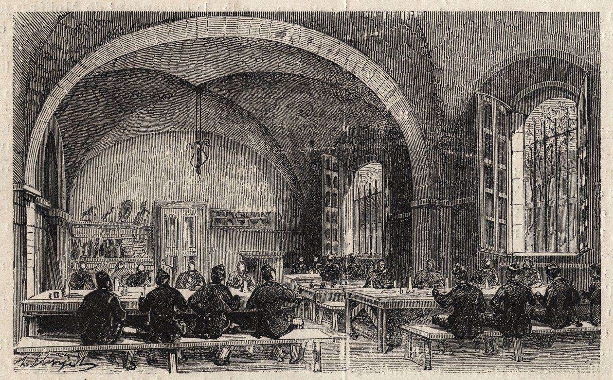 1873年的巴黎综合理工学院--Le refectoire--1873年在 "Le monde illustrious "上的版画。 作者 未知艺术家