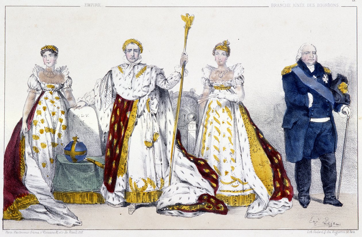 帝国和波旁王朝：Josephine de Beauharnais (1763-1814) 和 Napoleon I Bonaparte (1769-1821)、Marie Josephine de Savoie (1753-1810) 和 Louis XVIII dit Le Desire (1755-1824) - 取自国王的图板法国皇后版画，巴黎，编辑。 斯威 作者 未知艺术家