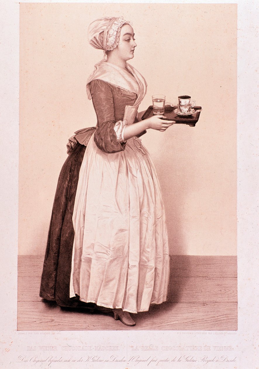 La Chocolatire de Vienne：年轻的女仆拿着一个托盘，里面放着一杯热巧克力。 19 世纪私人收藏的石版画 作者 未知艺术家