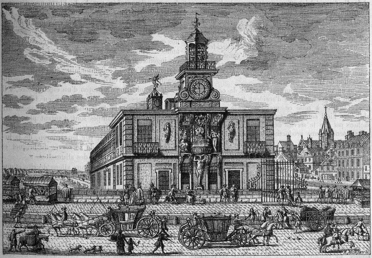 La Samaritaine，位于Neuf桥上的水泵，17世纪的雕刻作品。雕刻在 "La Nature.科学及其在艺术和工业中的应用评论》。 作者 未知艺术家