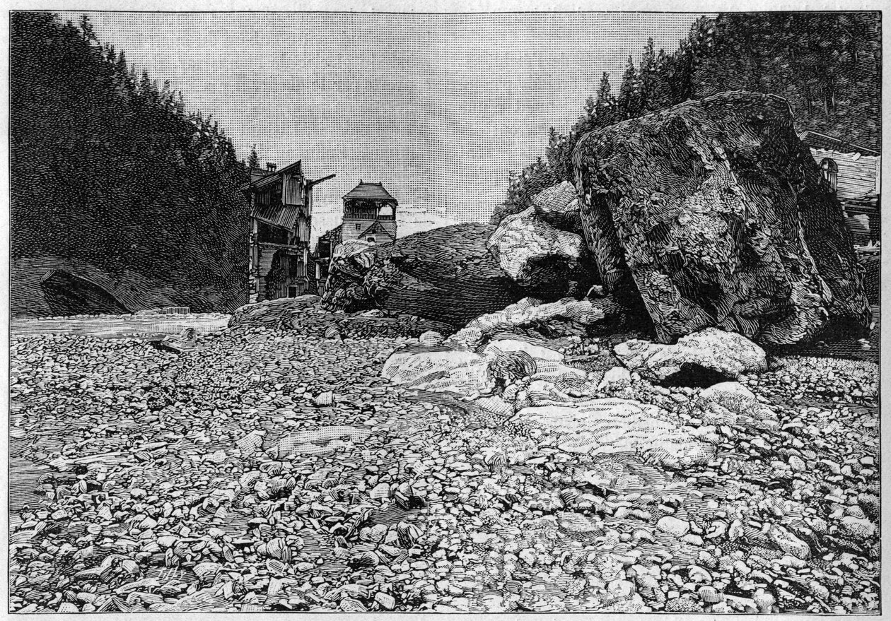 圣热尔韦的灾难或上萨瓦省泰特鲁斯冰川的灾难（1892年7月12-13日）--灾难后的圣热尔韦山脉，以及被洪水冲走的巨大石块，《自然》杂志的雕刻。 作者 未知艺术家