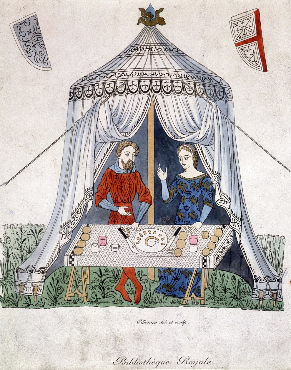 Lancelot 和 Guineèvre 在帐篷下吃饭，摘自“Lancelot du lac”，根据 1370 年的文件。 作者 未知艺术家