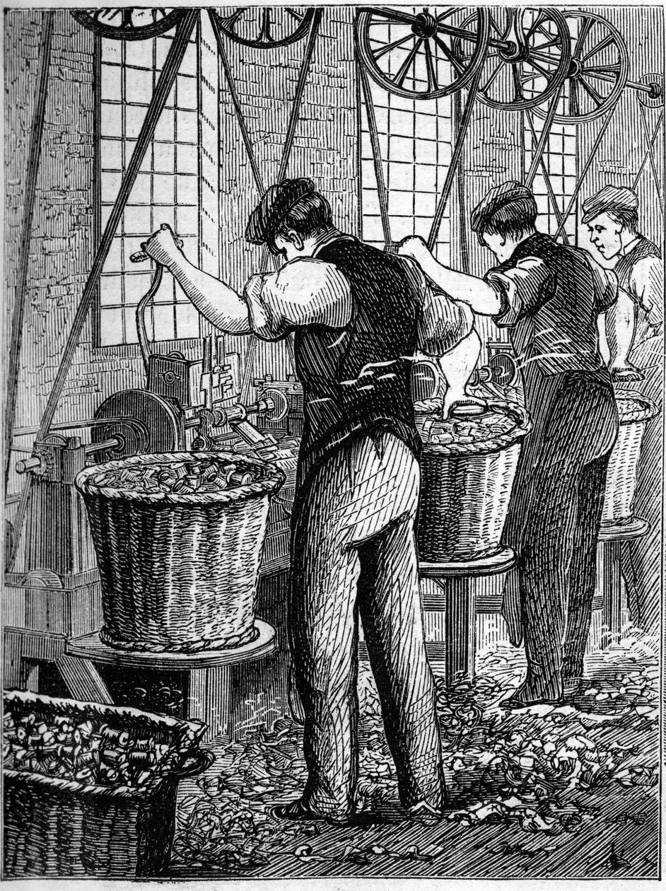英国的大型工业。1863年，沃尔特-埃文斯在英国进行棉纺生产。制造线圈。 作者 未知艺术家