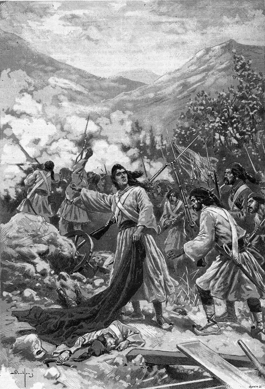 希腊独立战争的女英雄拉斯卡琳娜-布布利纳（Bouboulina）拉斯卡琳娜（1771-1825）1897年在 "航海日志 "中的雕刻作品。 作者 未知艺术家