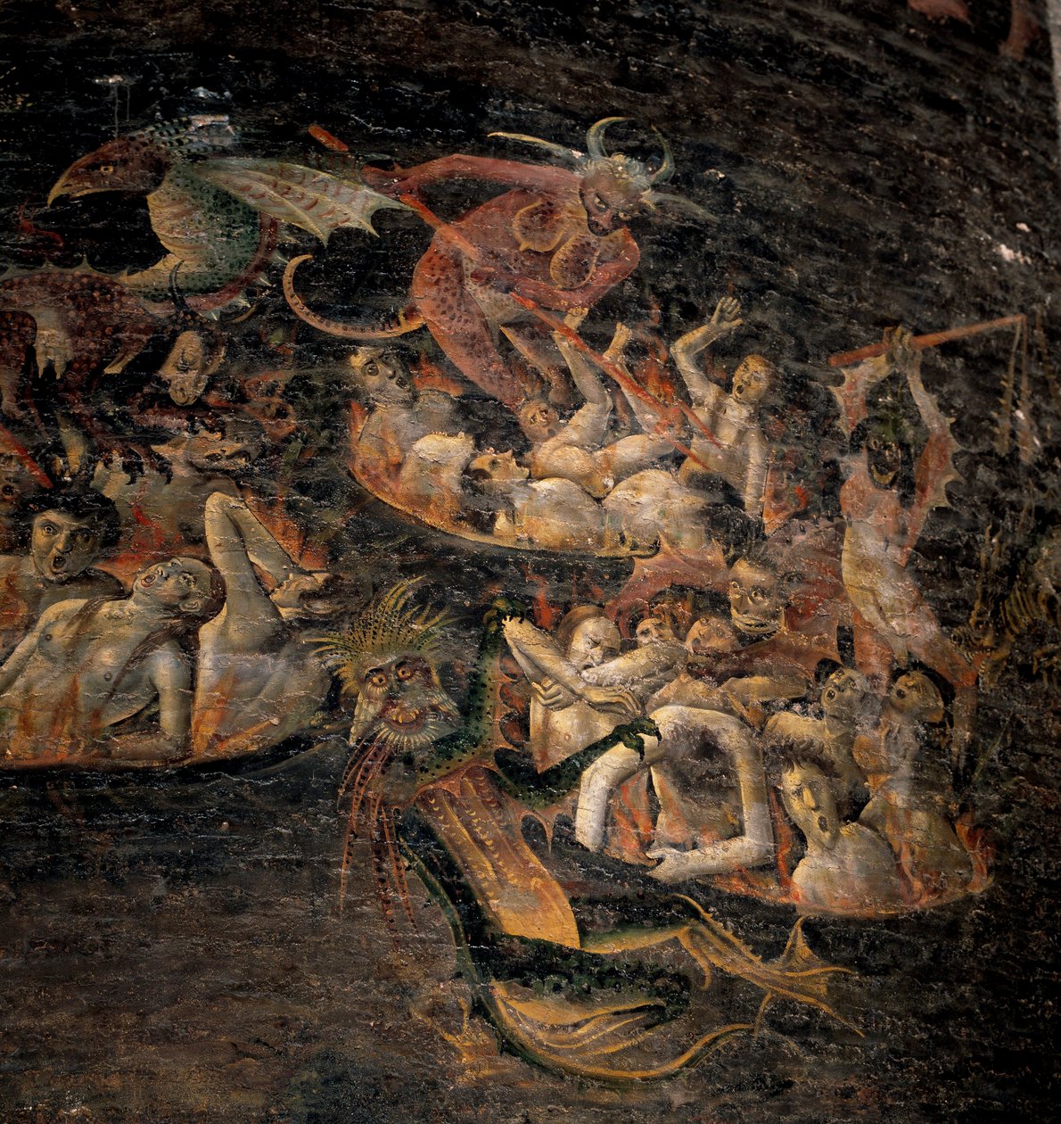 最后的审判：被恶魔生物折磨的地狱的诅咒。 壁画 1474-1484 的细节。 阿尔比的圣塞西尔大教堂。 作者 未知艺术家