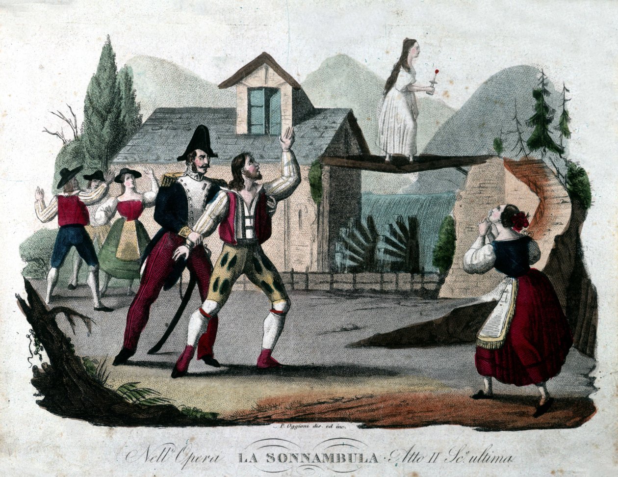 Last scene of Act II of “La somnambule (La sonnanbula”) by Vincenzo Bellini. Engraving from 1835. 作者 未知艺术家