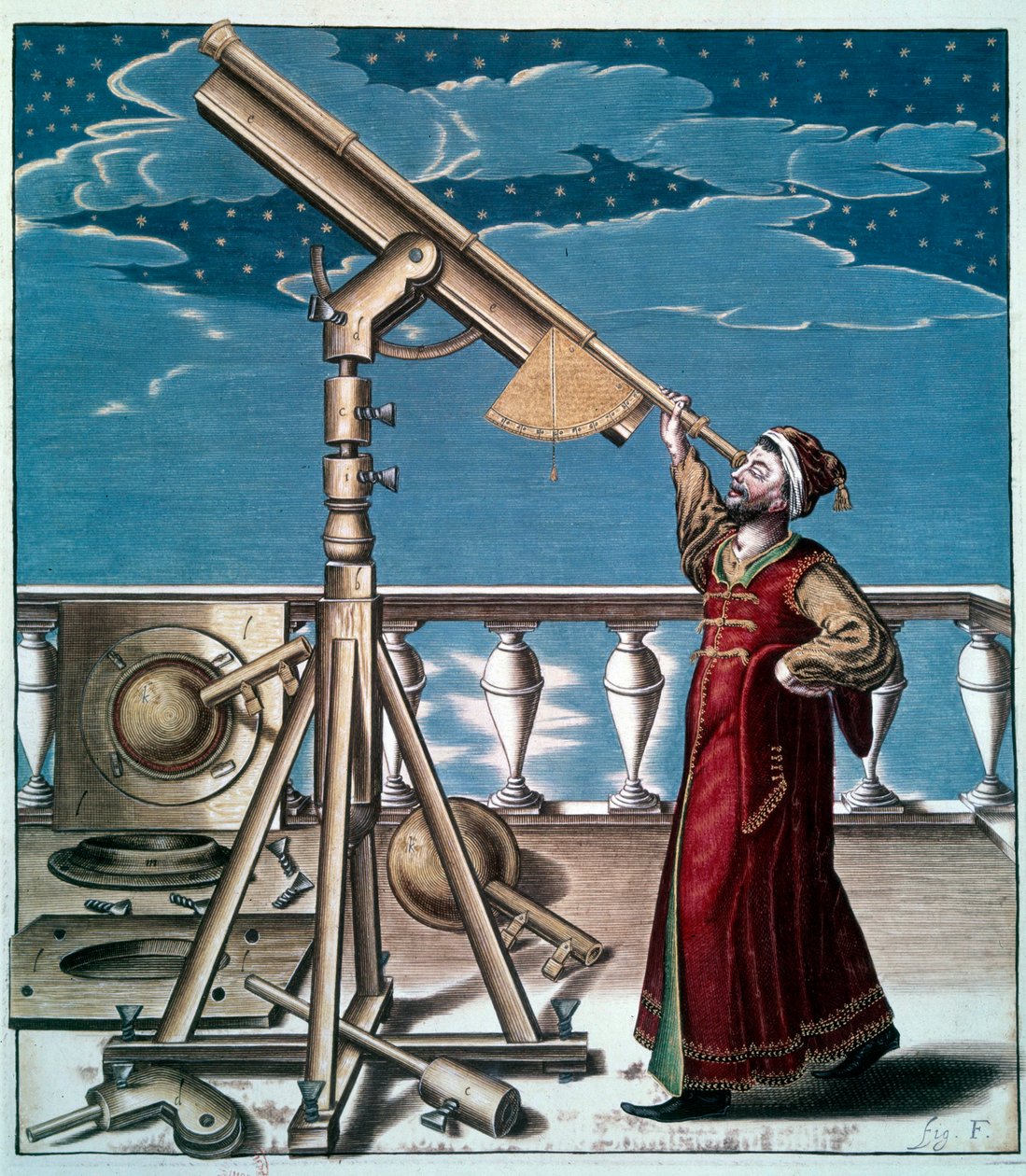 天文学家：一个人在天文表圈上观察星星 - 17 世纪的版画 - 法国巴黎 - 天文学家：一个人在望远镜中观察星星 - 版画 作者 未知艺术家