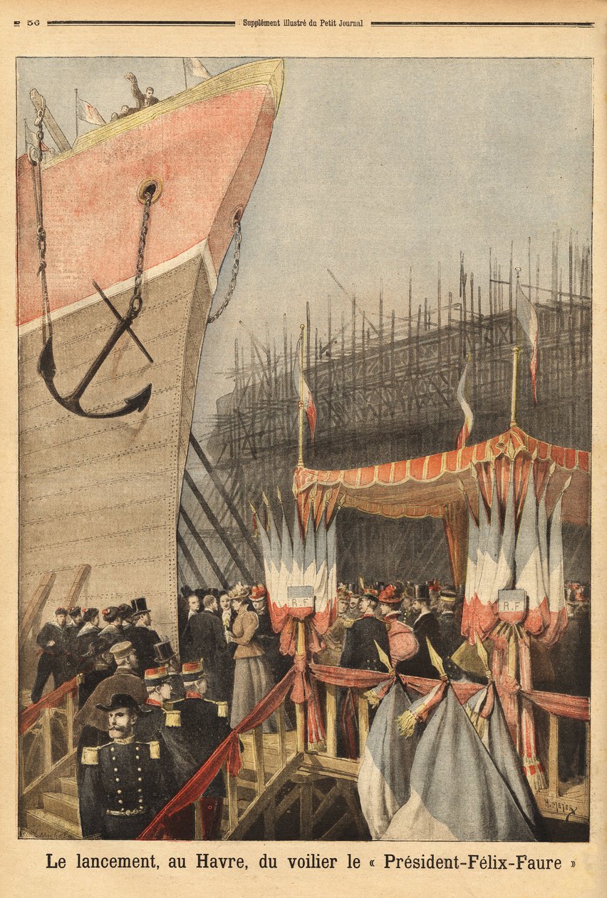 Launch of the sailboat “President Felix Faure””, on February 3, in Le Havre, sponsored by Lucie Faure, the daughter of the head of state and Louis Brindeau, mayor of Le Havre; it is the first of a series of 4-mat sailboats to be built in Le Havre from 1896 作者 未知艺术家
