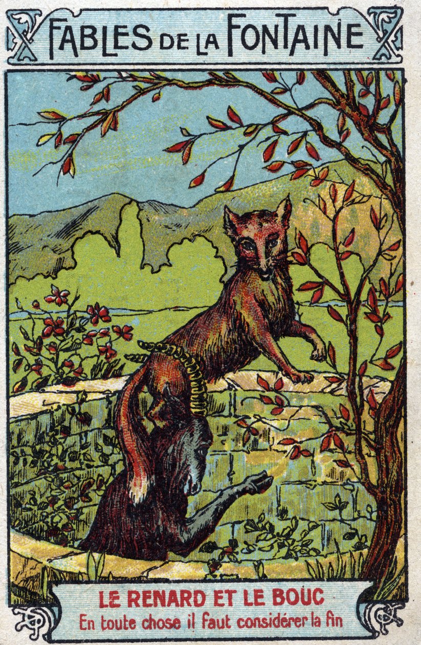 Le Fox et le Bouc - Jean de La Fontaine (1621-95)的寓言 - 19世纪末的色版画 私人收藏 作者 未知艺术家