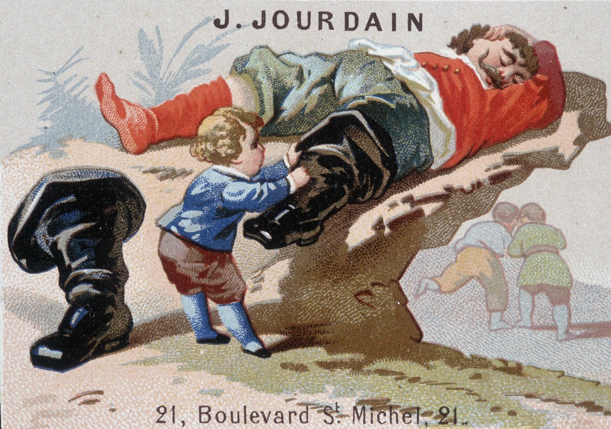 Le Petite Poucet 推出带有 asoupi ogre 的七联赛靴 - 广告标签 Jourdain 作者 未知艺术家