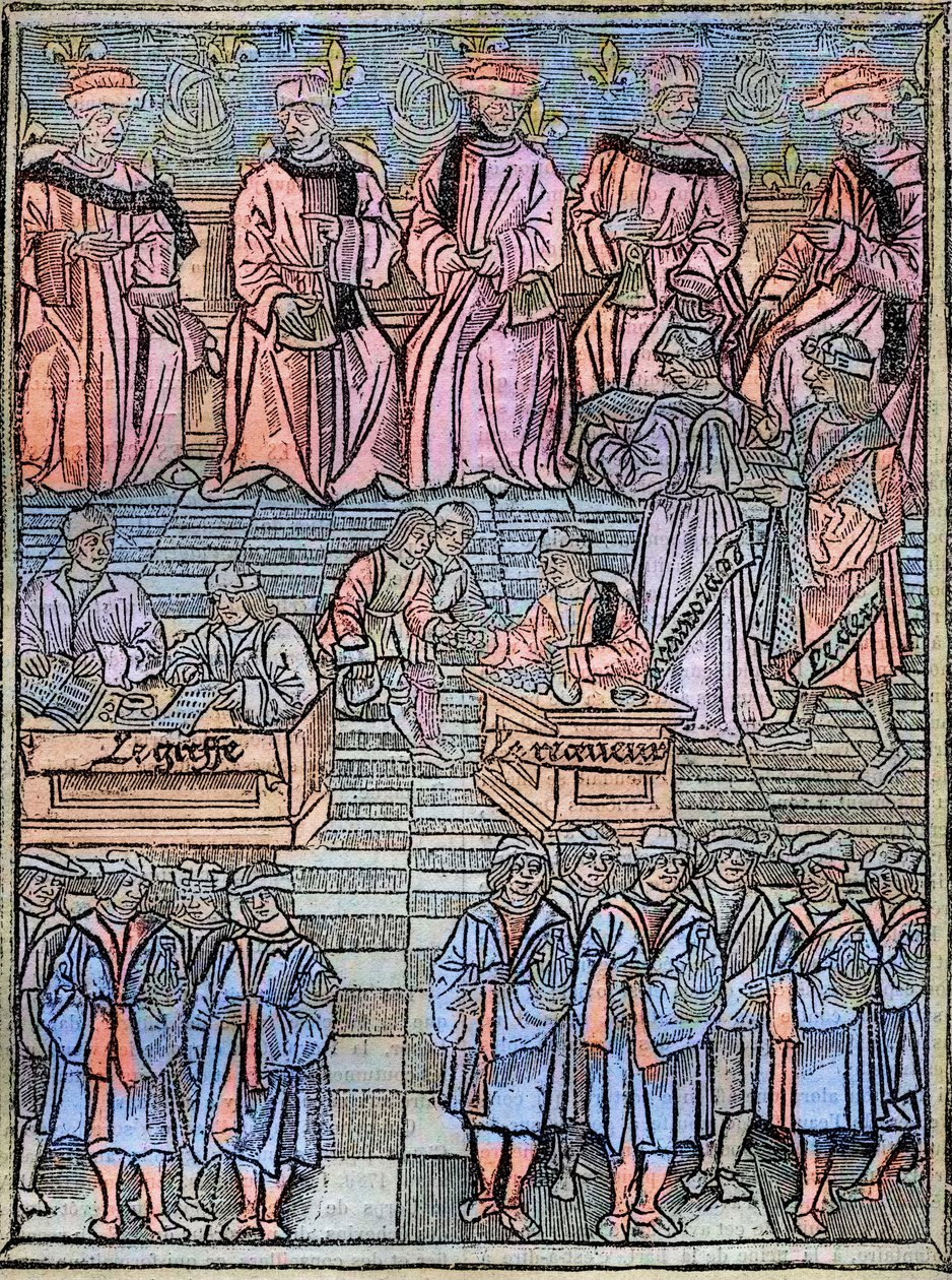 Le prevot des marchands et les echevins de Paris au 16eme century engraving after the original of 1528 - Provost of merchants and aldermen of Paris, scene of tax collection, title page from 
