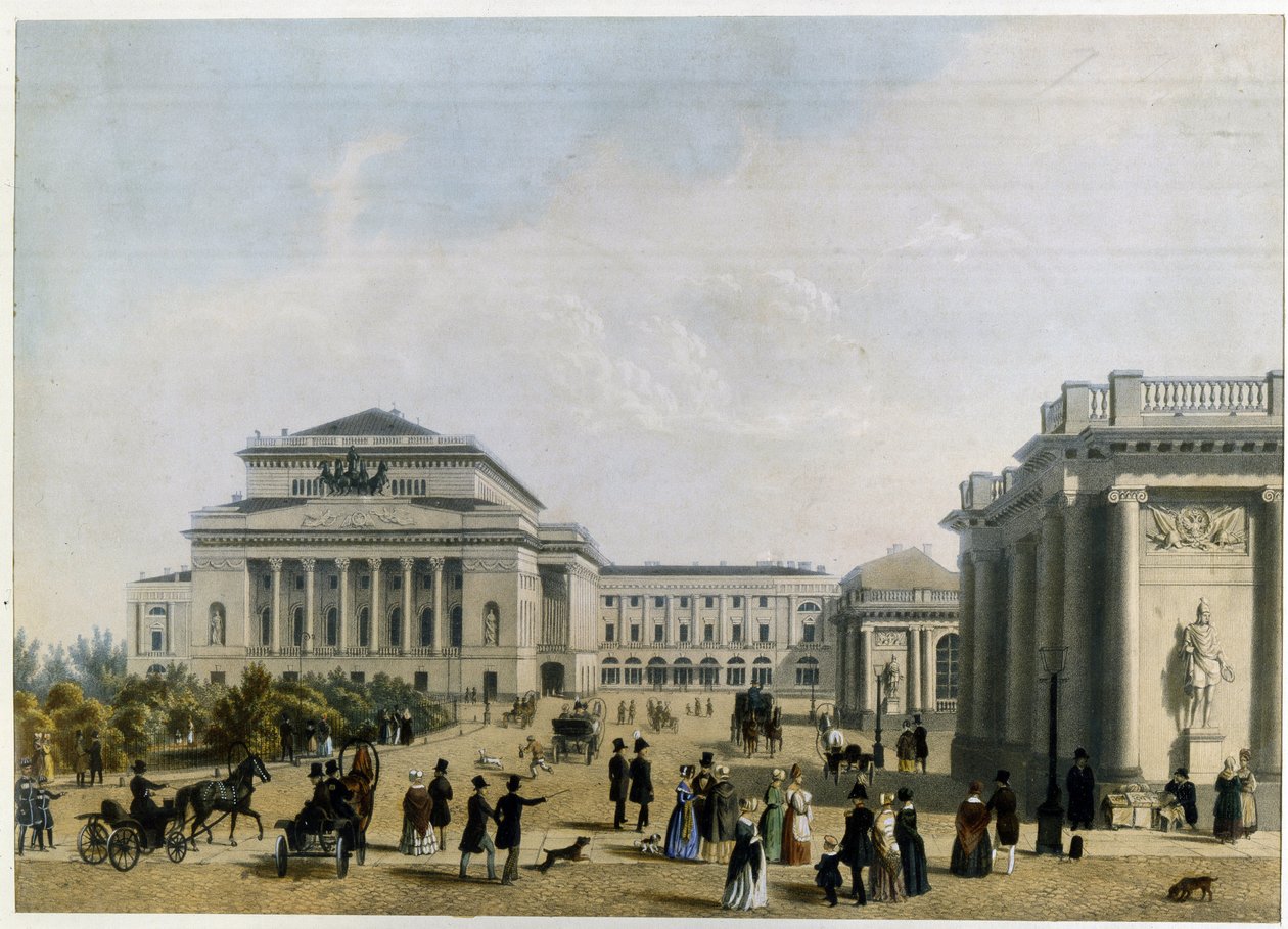 Le theatre Alexandrinski (ou Alexandra) a Saint Petersbourg（圣彼得堡亚历山大剧院）。1830 年创作，彩色石版画。19 世纪古典主义。国家戏剧和音乐艺术博物馆，圣彼得堡。 作者 未知艺术家