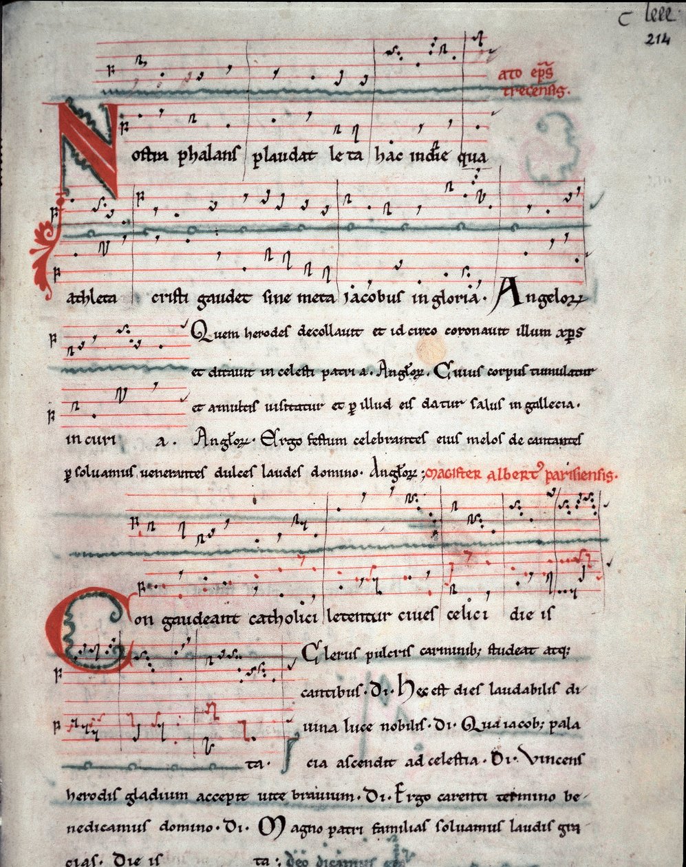 带有圣地亚哥德孔波斯特拉 (Santiago de Compostella) Fol 朝圣歌词的朝圣指南传单。 214 河 来自 13 世纪的手稿。 西班牙圣地亚哥德孔波斯特拉 (Santiago de Compostela) 大教堂档案 作者 未知艺术家