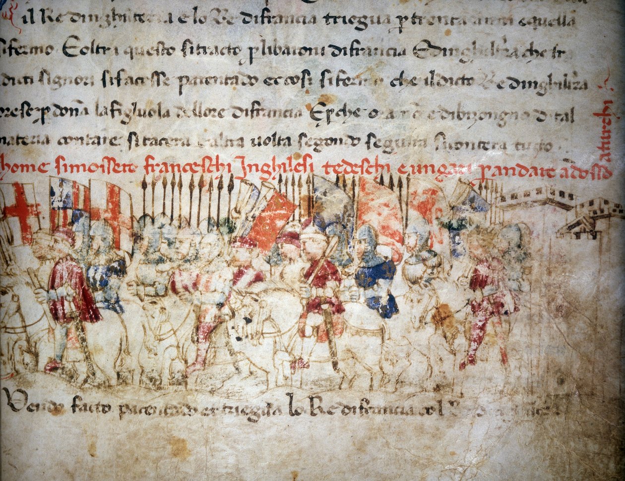 1391 年法国、英国、德国和匈牙利人与土耳其人的联盟 - 在“Croniche del Sercambi”中，大约 1400 年。国家档案馆，卢卡。 作者 未知艺术家