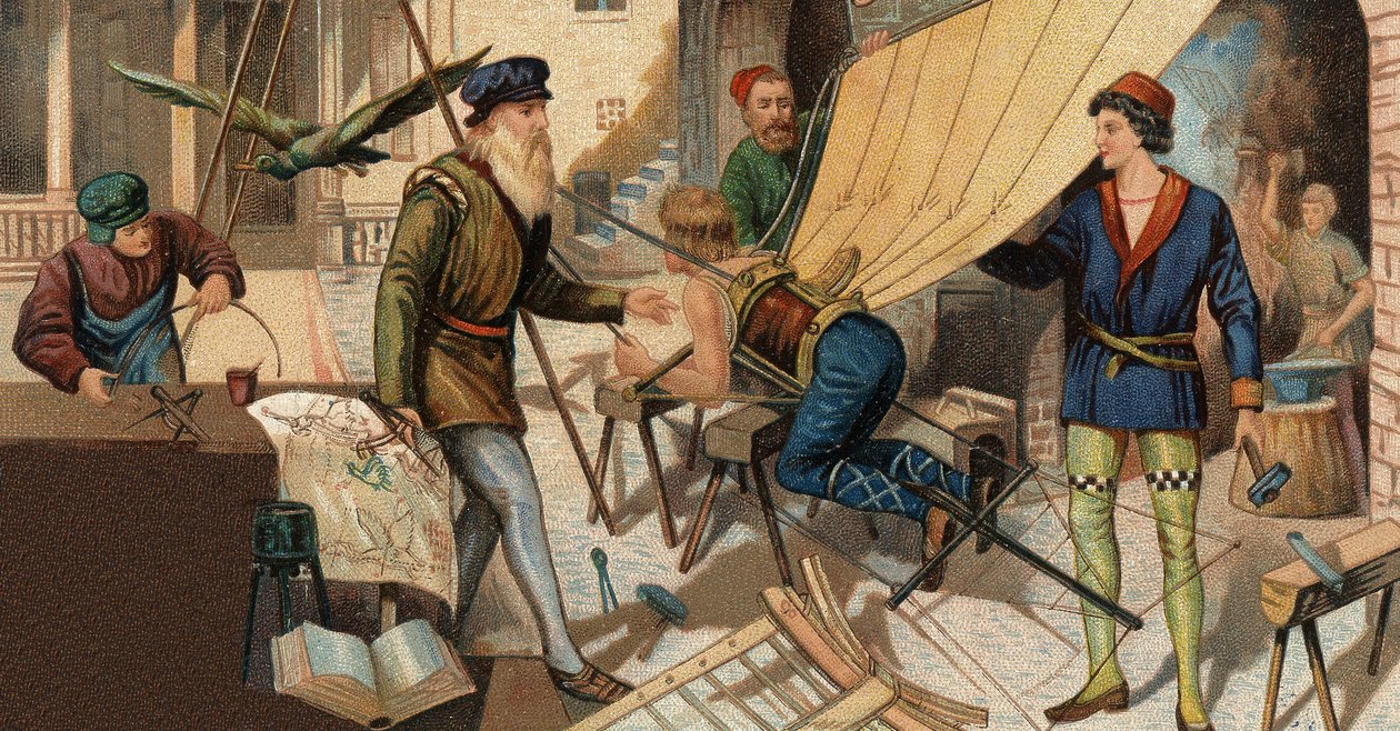 达芬奇（Leonard de Vinci 1452-1519）正在试验他的飞行器。19世纪的彩色光刻技术。 作者 未知艺术家