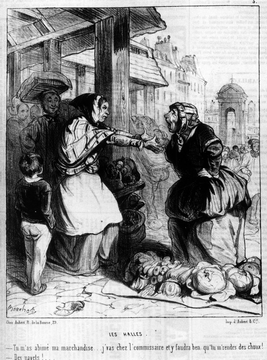 Les Halles - Marchandes在巴黎大厅争吵，载于1844年10月14日的 "Charivari"。 作者 未知艺术家
