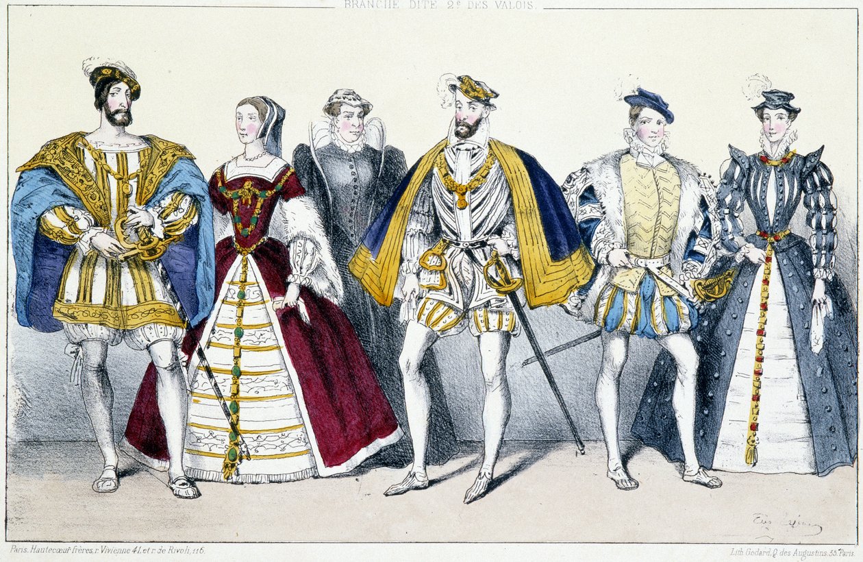Les Valois: Francois I (1494-1547) and Claude de France (1499-1524), Catherine de Medicis (1519-1589) and Henri II (1519-1559), Francois II (1544-1560) and Marie Stuart (1542-1587) - Planche extracted from Kings and Queens of France in prints, Paris, ed. S 作者 未知艺术家