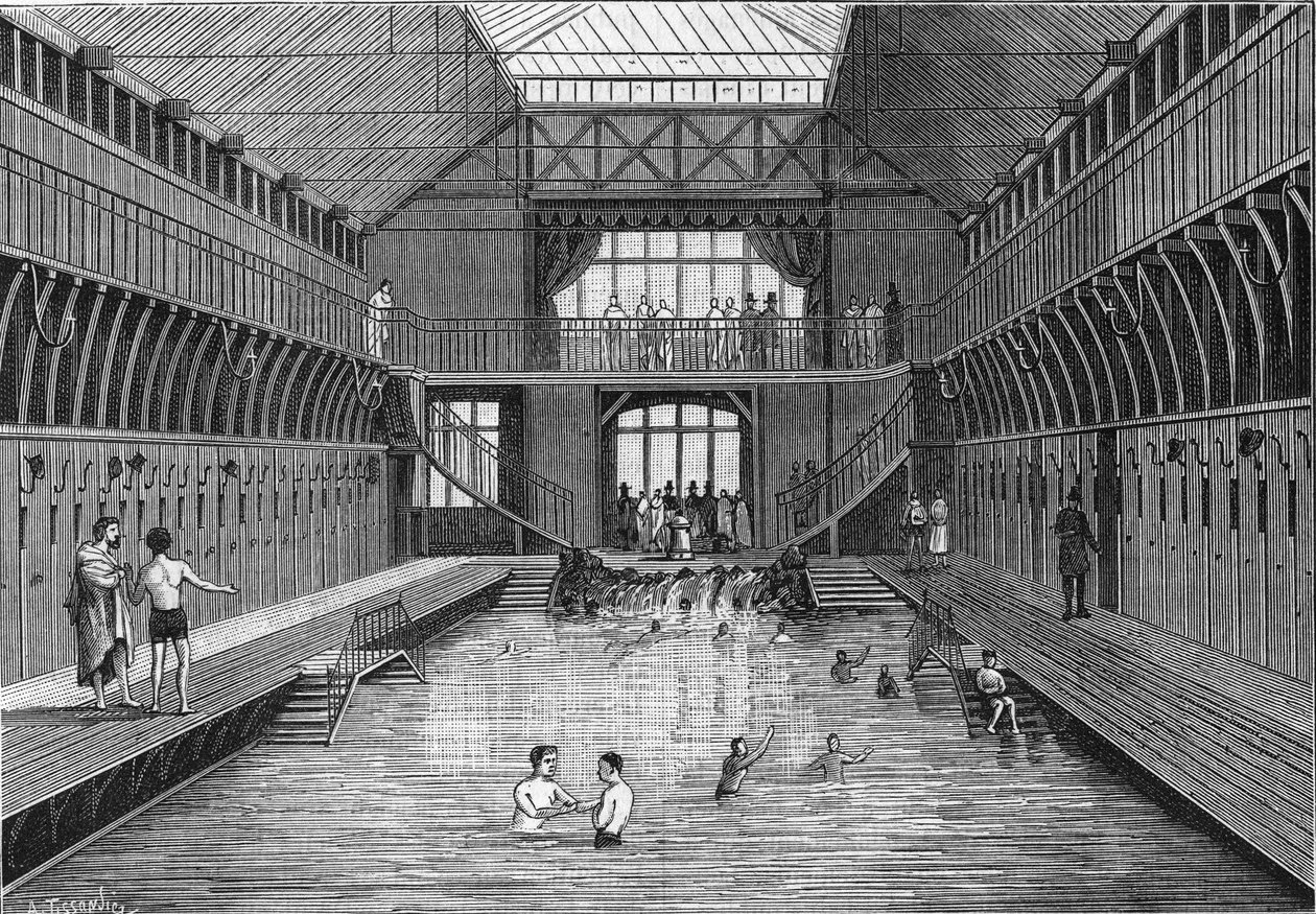 Les bains publics à bon marche de la rue Chateau-Landon (Chateau Landon) à Paris in 1884. in "La Nature".审查科学及其在艺术和工业中的应用"。 作者 未知艺术家