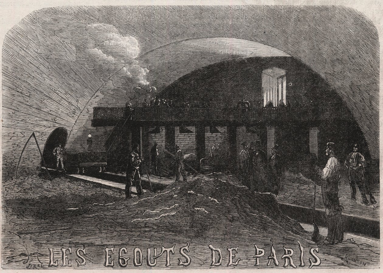 巴黎的下水道：圣母桥（Notre-Dame）的大室和锻造车间 - 雕刻 在 "世界插图 "中。 作者 未知艺术家
