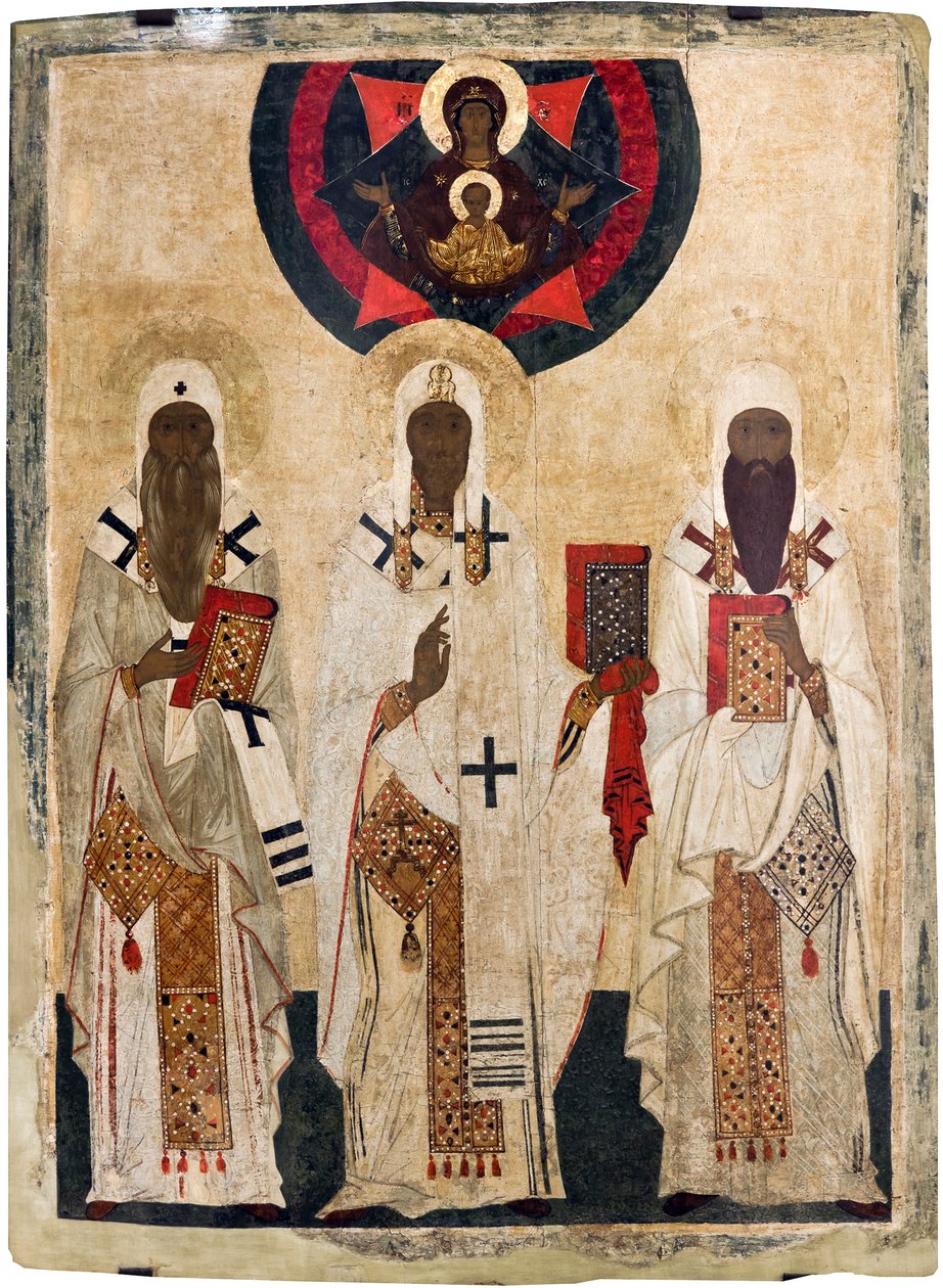 Les trois saints eveques de Rostov: Isaie (mort en 1090), Leonce (mort en 1077), Ignace (mort en 1288) - 俄罗斯圣像：罗斯托夫的三位圣徒主教：以赛亚、莱昂斯和伊格内修斯。面板上的淡彩画，15世纪末，罗斯托夫克里姆林宫国家露天博物馆 作者 未知艺术家