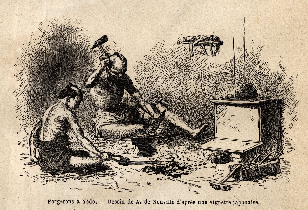让铁匠在江户（或江户，帝都，今天的东京）的锻造厂前。1863-1864年，瑞士联邦部长艾梅-亨伯特（Aime Humbert）在 "Le tour du monde, nouveau journal des vo "中为日本之行所作的版画说明。 作者 未知艺术家