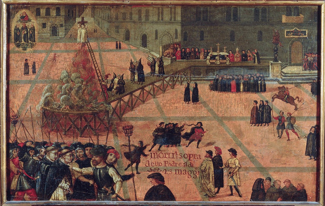 L""execution de Jerome Savonarole, Florence 1498 - Girolamo Savonarola 于 1498 年在佛罗伦萨领主广场执行死刑 - 匿名。 木头上的油 作者 未知艺术家