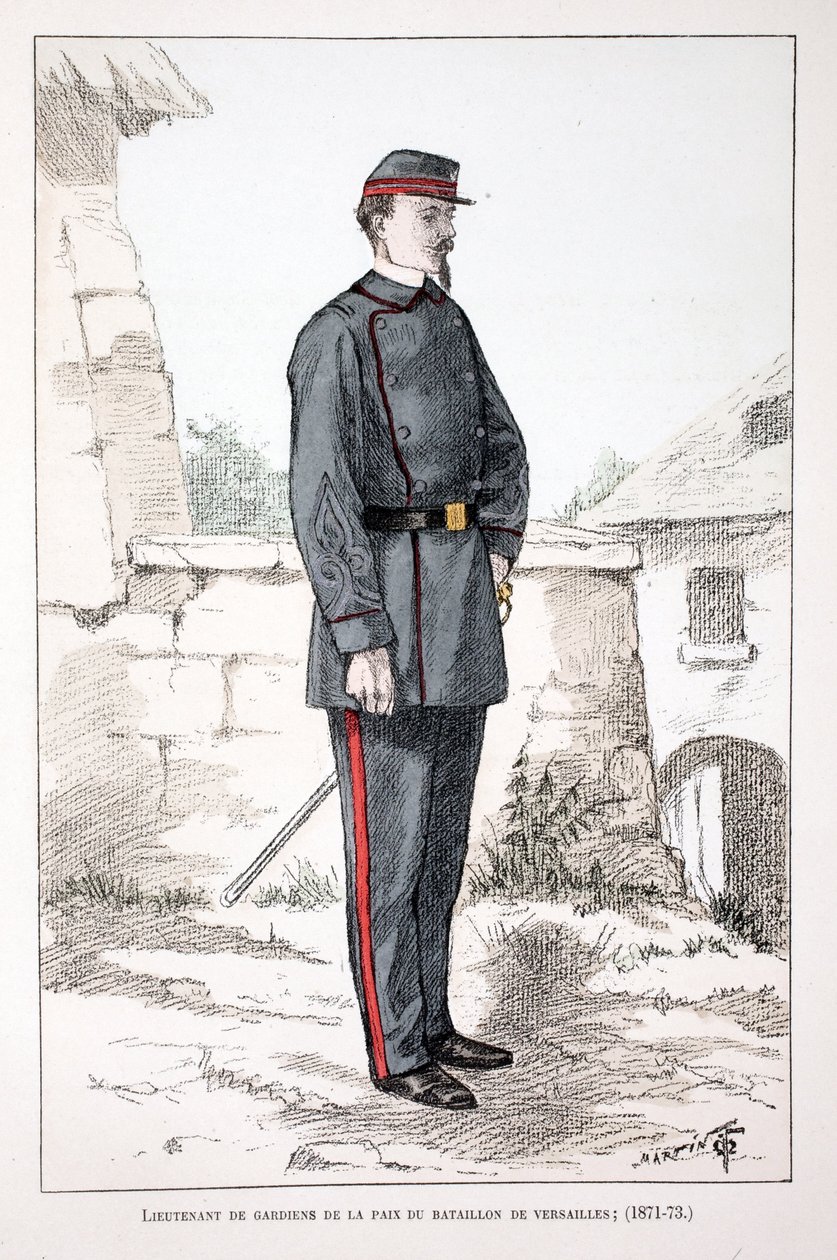 凡尔赛营和平卫士的中尉（1871-1873）。彩色蚀刻版画，为路易-勒平（1846-1933）主持出版的《和平卫士队伍史》一书作插图，由A. 作者 未知艺术家
